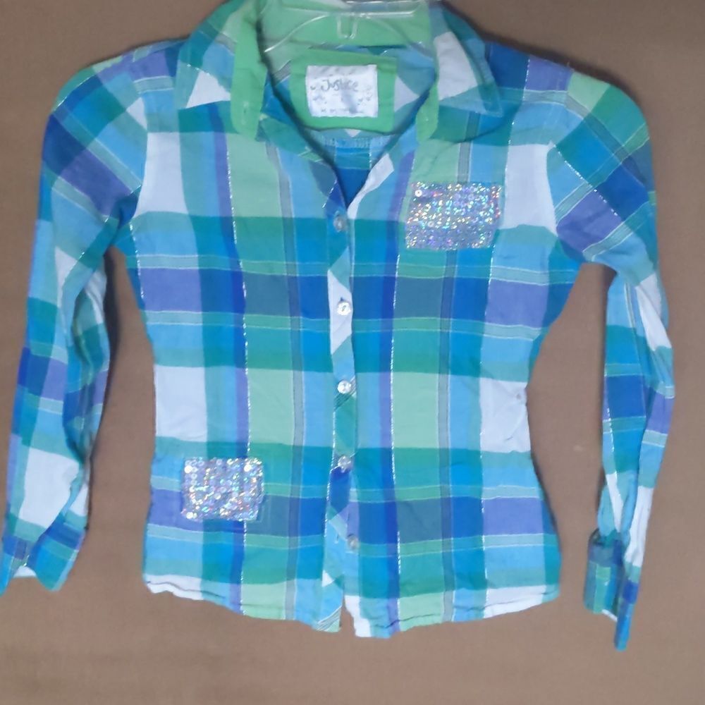 Justice brand girls plaid button up shirt size 8. Blue and green